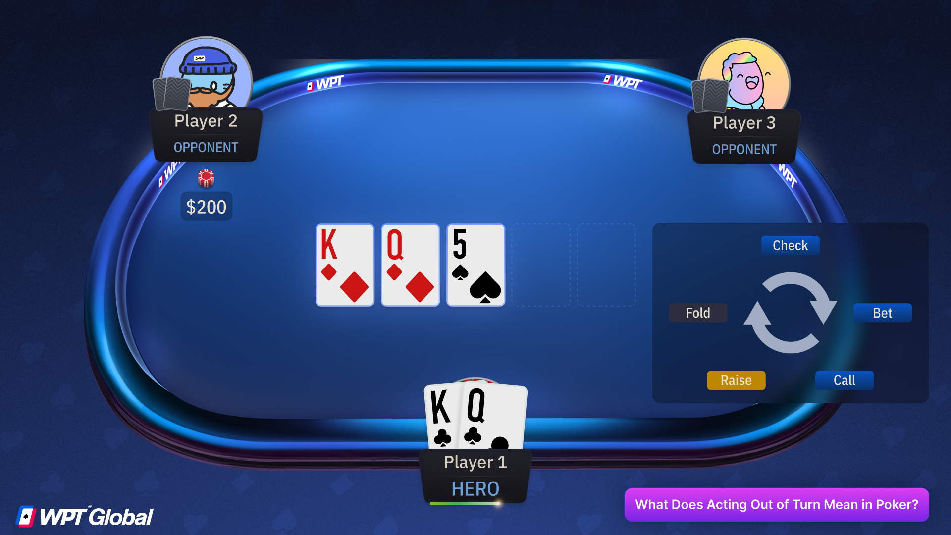 Poker table graphic with clockwise betting order shown, highlighting one player acting prematurely before their turn.