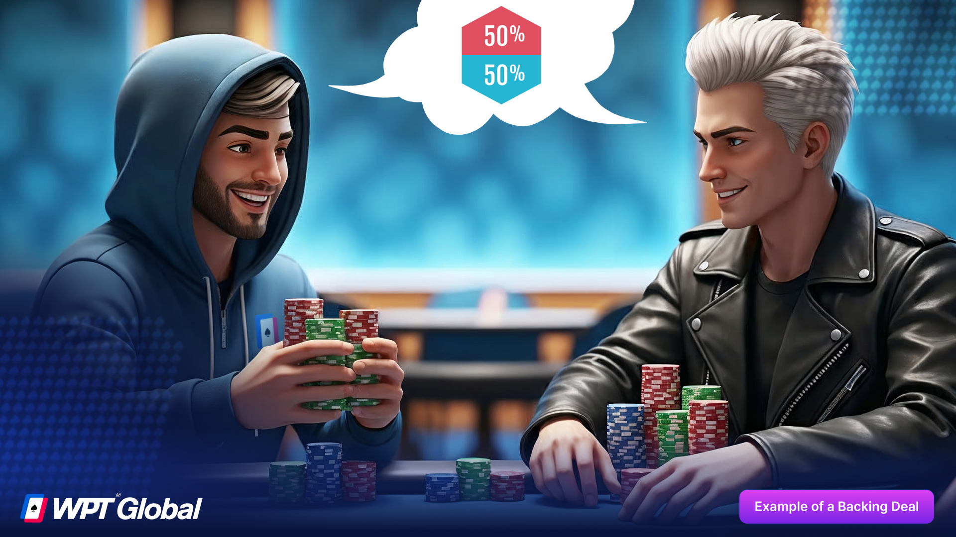 Poker player cashing in and splitting winnings with backer