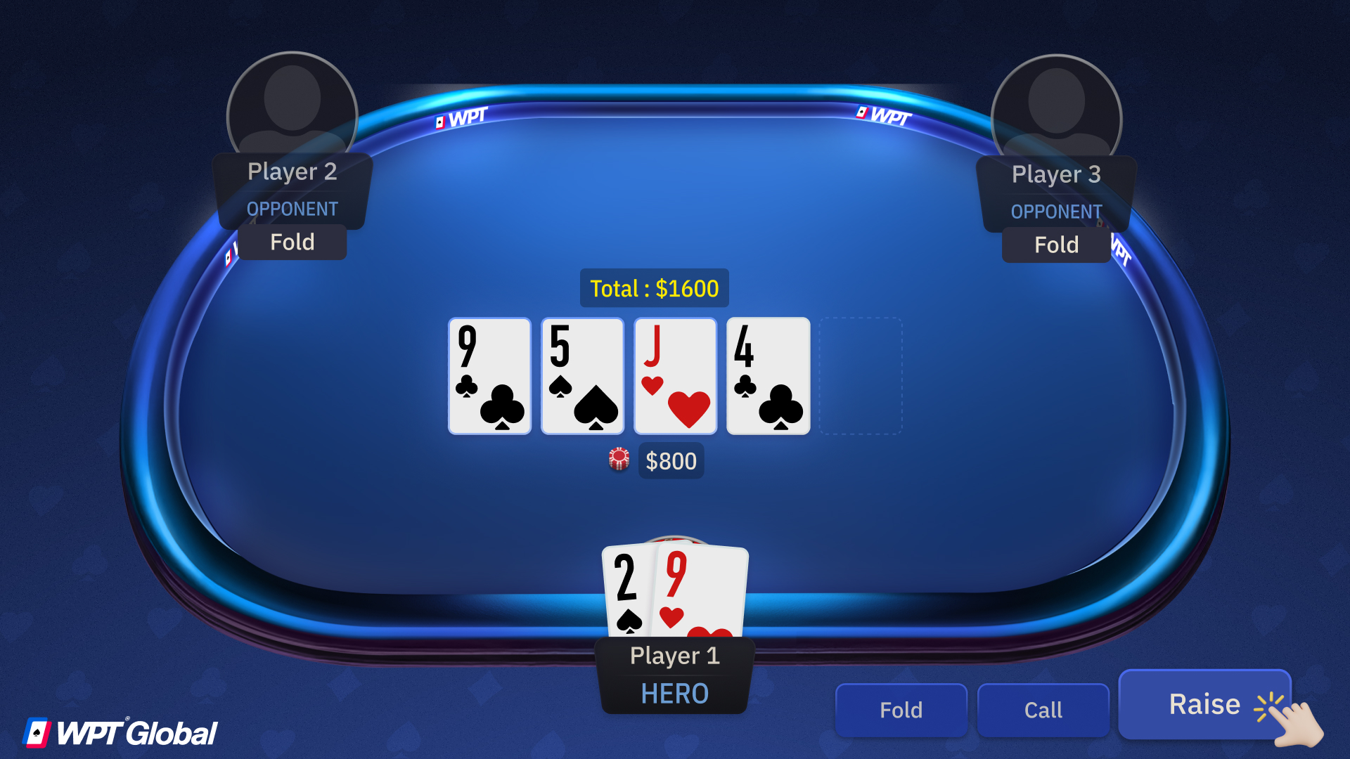 Poker player using aggression to win a pot as opponents fold