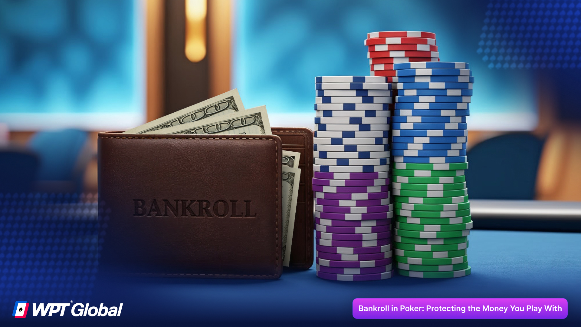 Poker bankroll shown as chips and cash set aside for poker