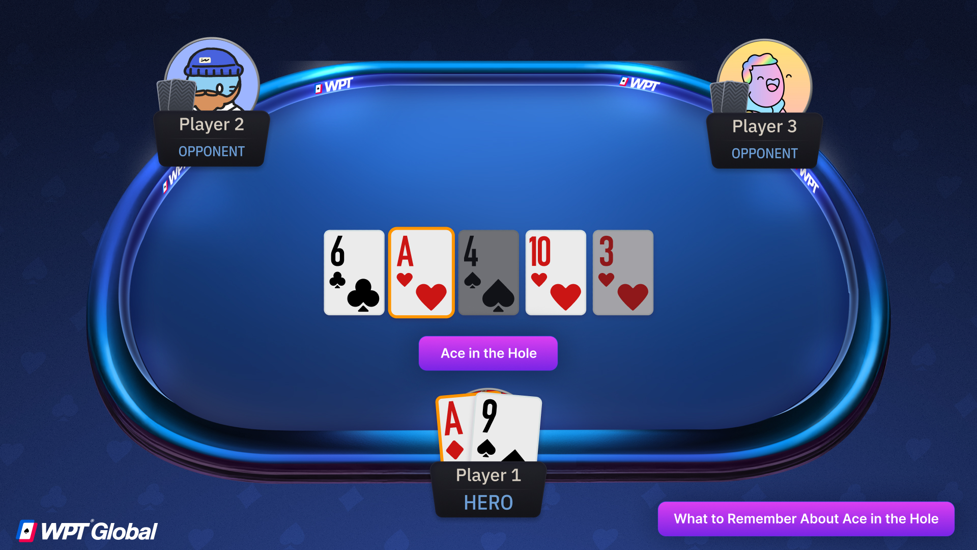 Close-up of two hidden hole cards with one ace, alongside community cards showing another ace, illustrating Ace in the Hole making top pair.