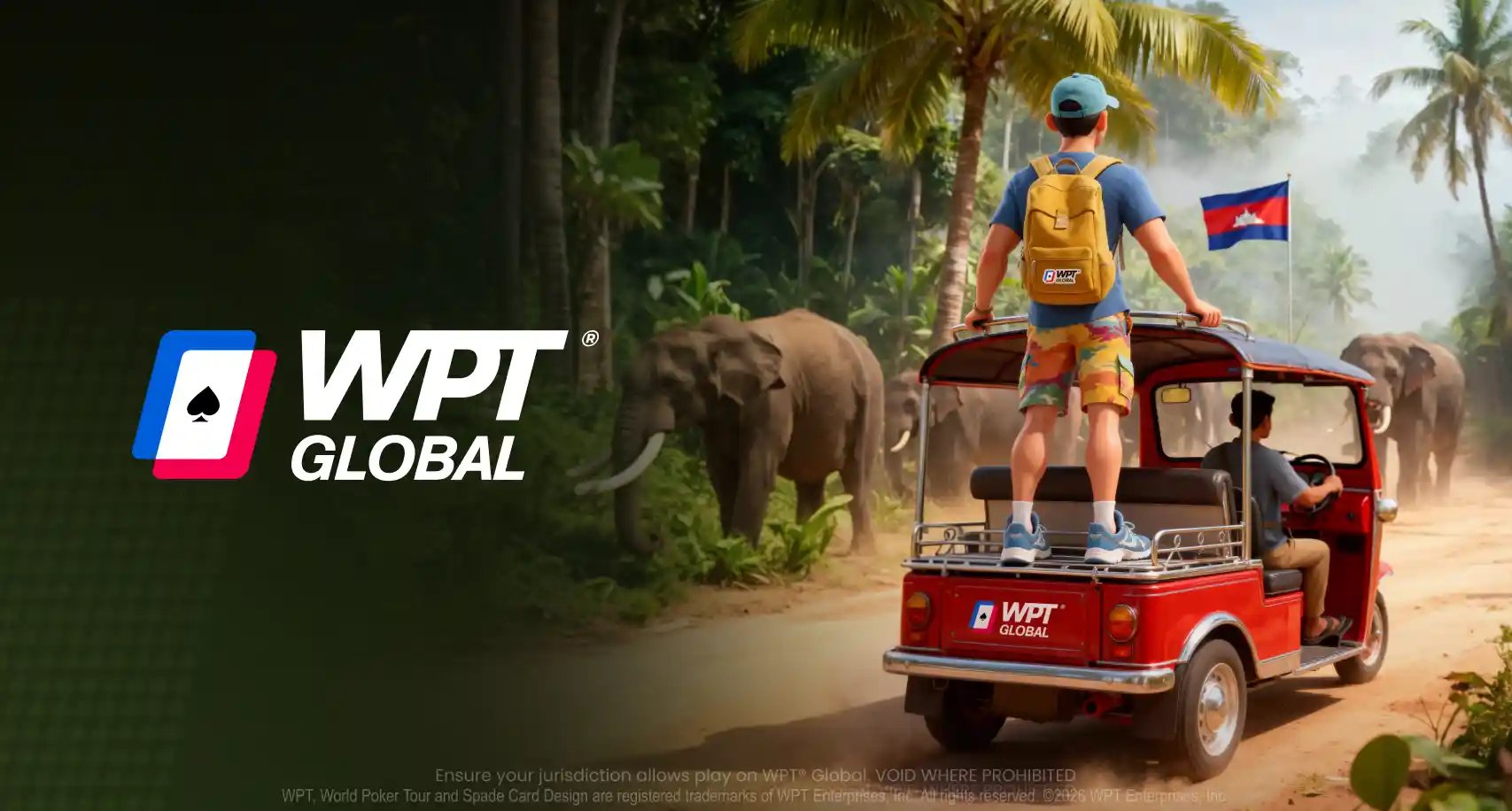 A WPT® Global qualifier rides a tuk-tuk toward a line of elephants and palm trees, capturing the adventure of winning a WPT® Cambodia package.