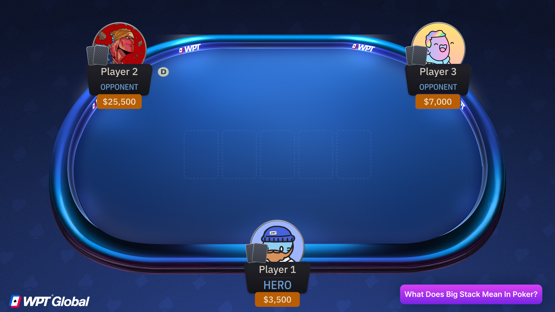 Poker player with a big stack of chips dominating the table.