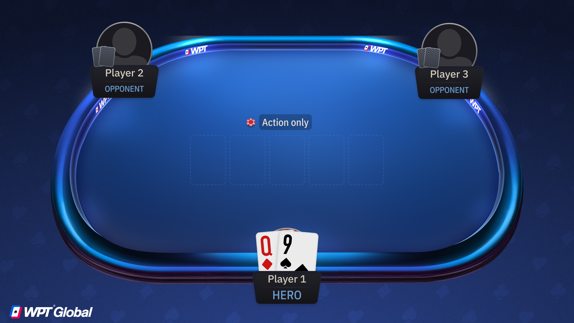 Poker table with one small chip in the pot representing an action only bet.