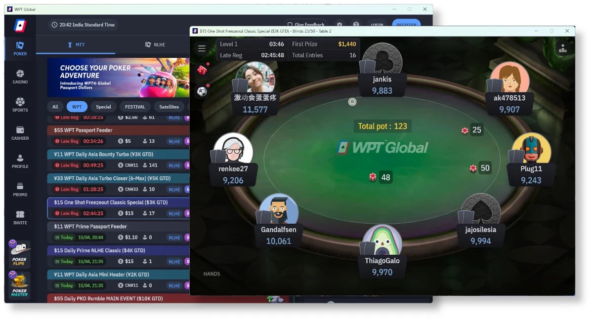 Screenshot of the WPT® Global client showing the tournament lobby on the left and an active online poker table on the right, with eight players seated and chip counts displayed around the table.