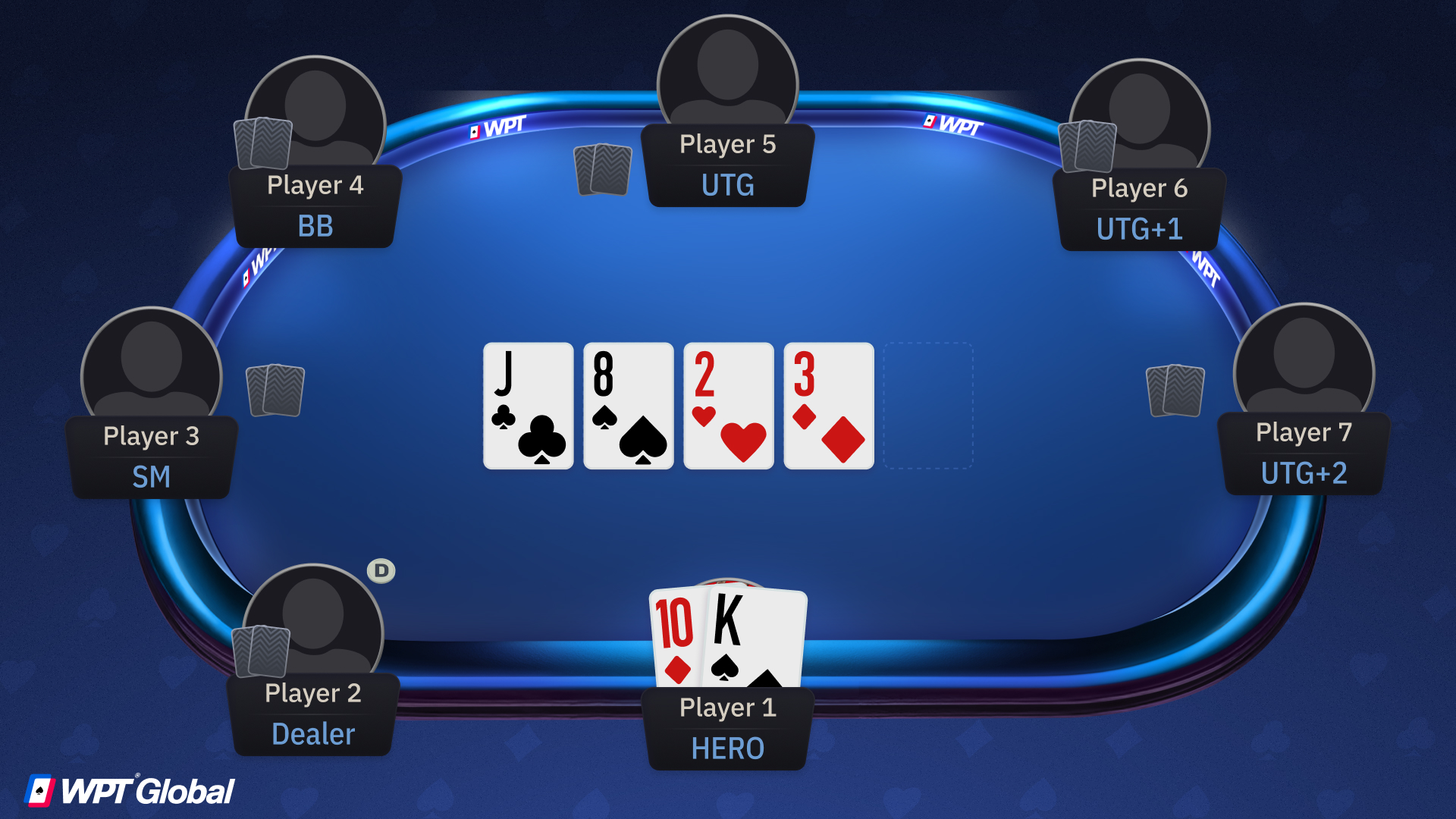 Poker hand showing three active players with cards still in play while others have folded.