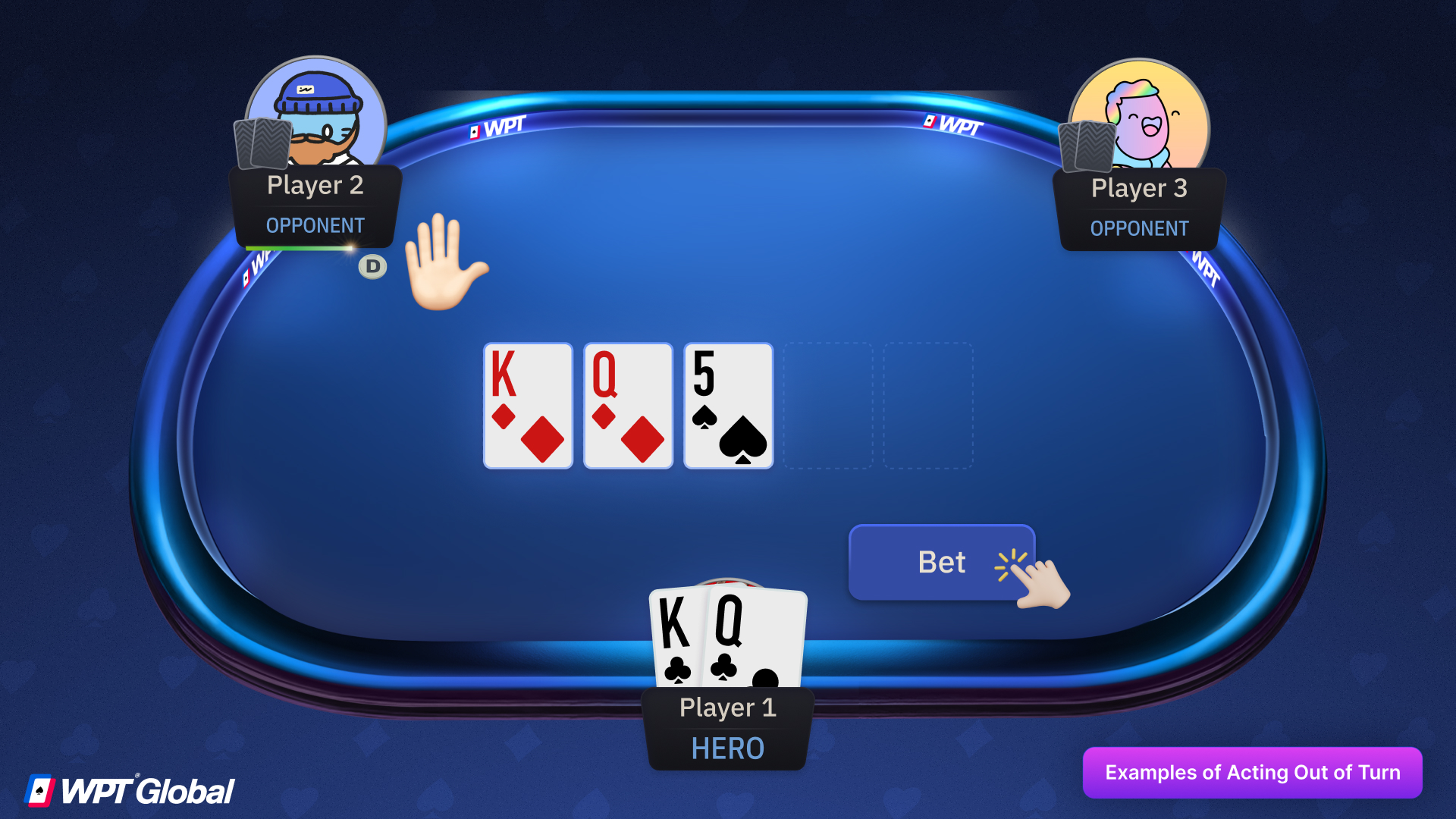 Dealer raising a hand to stop a player from betting too soon, showing an example of acting out of turn in poker.