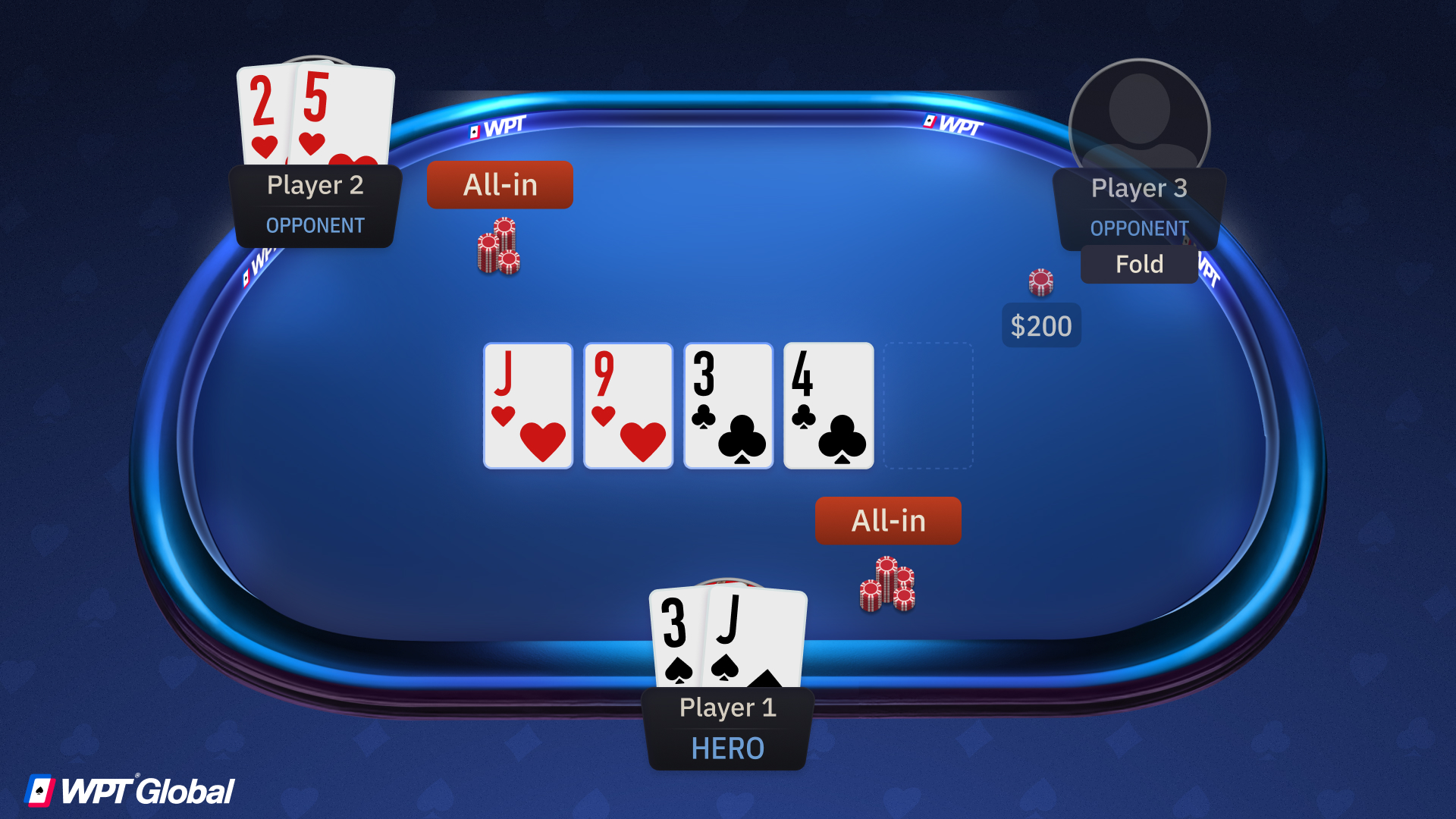 Poker showdown with two players all-in waiting for the board to run out