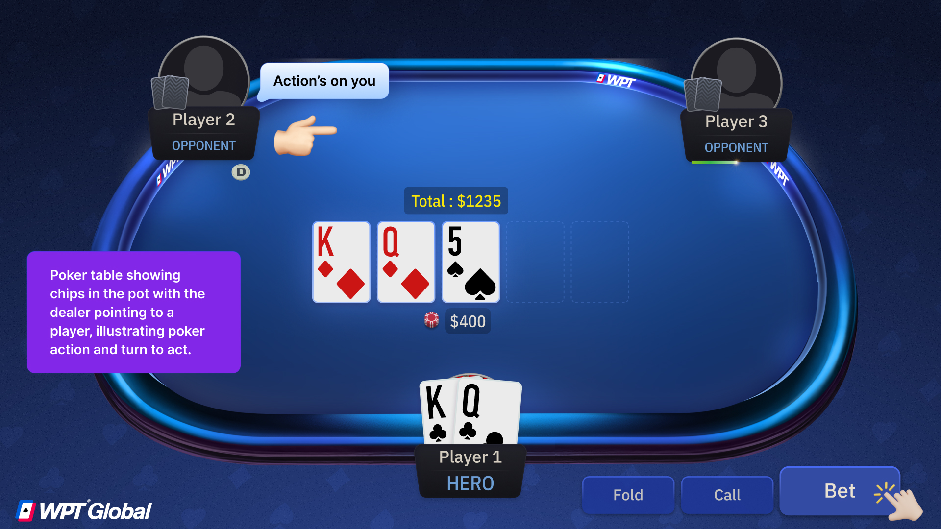 Poker table showing chips in the pot with the dealer pointing to a player, illustrating poker action and turn to act.