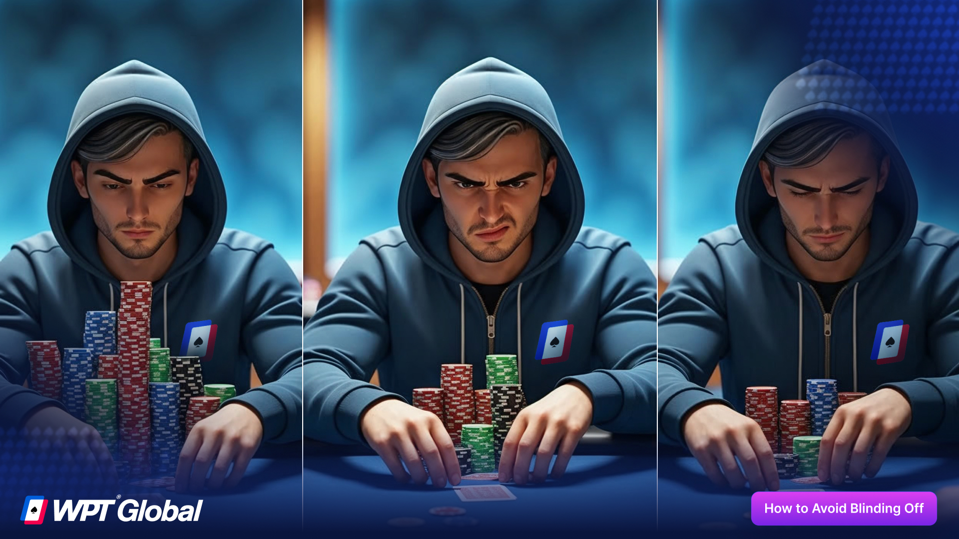 Poker player watching their chip stack shrink from folding and paying blinds.