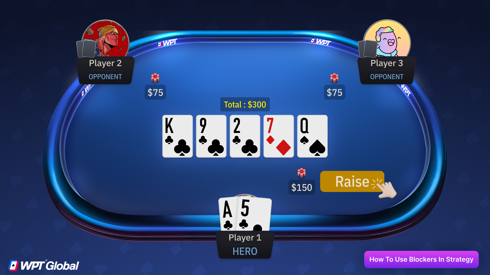 Poker player bluffing with ace of clubs as a flush blocker.