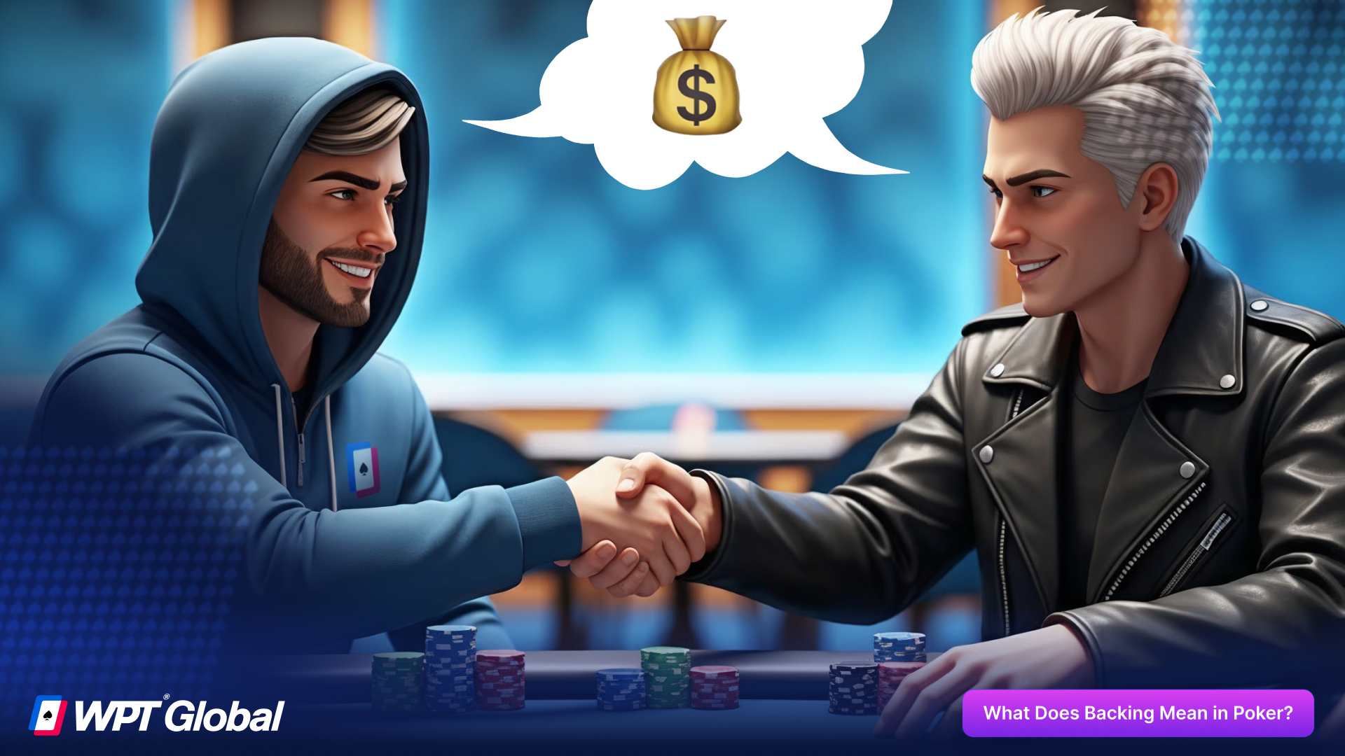 Poker player and backer agreeing to a staking deal