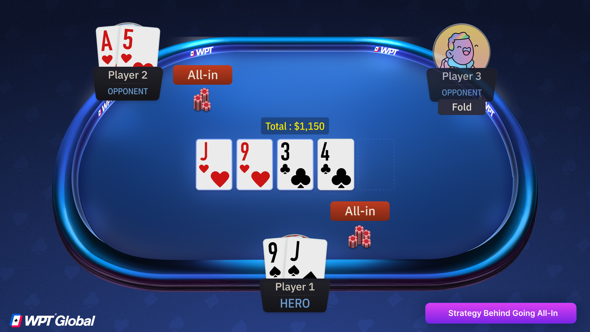 Poker showdown with two players all-in waiting for the board to run out