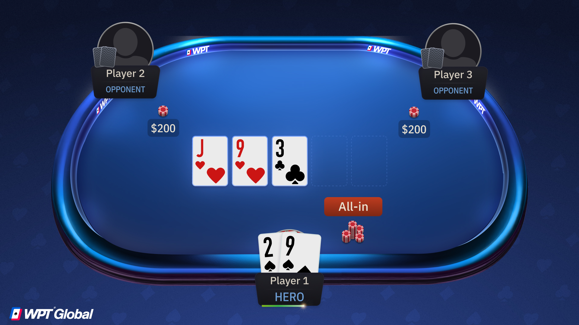 Poker player moving all chips into the pot with an all-in shove