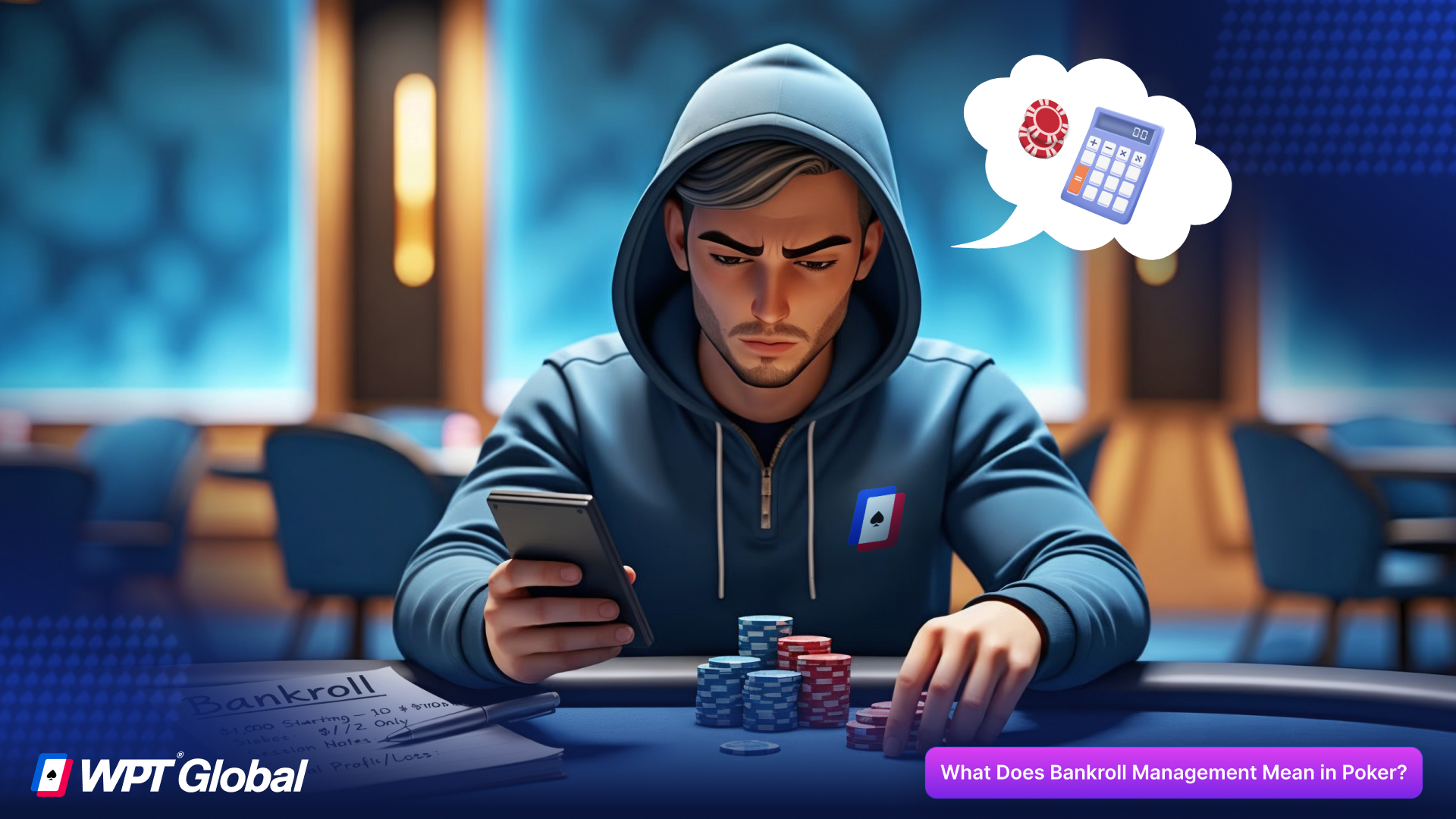 Poker player calculating bankroll for proper stake selection