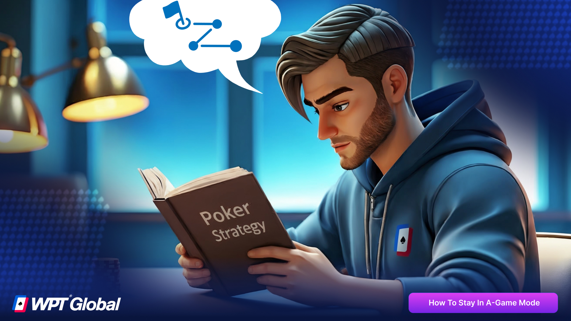 Poker player studying strategy to prepare for A-game performance