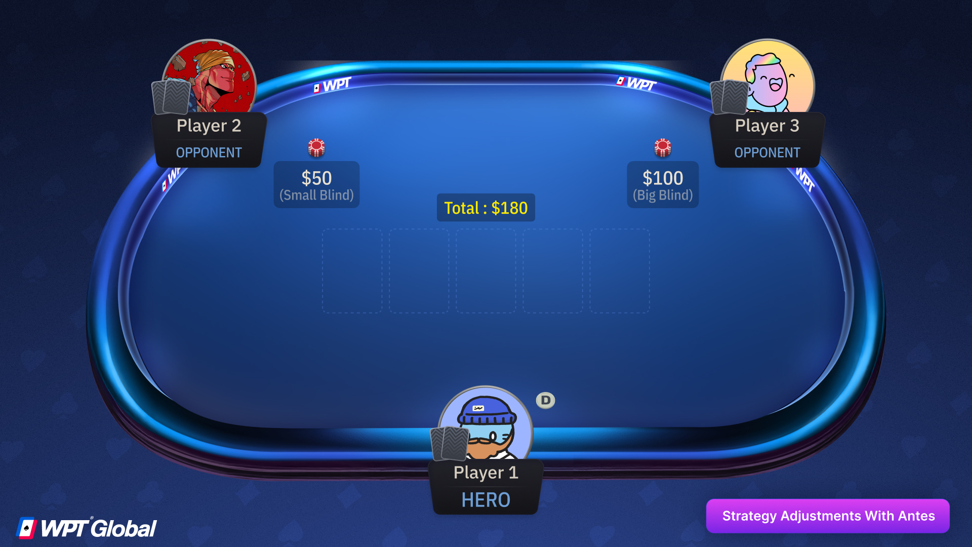Poker tournament screen showing blinds and antes
