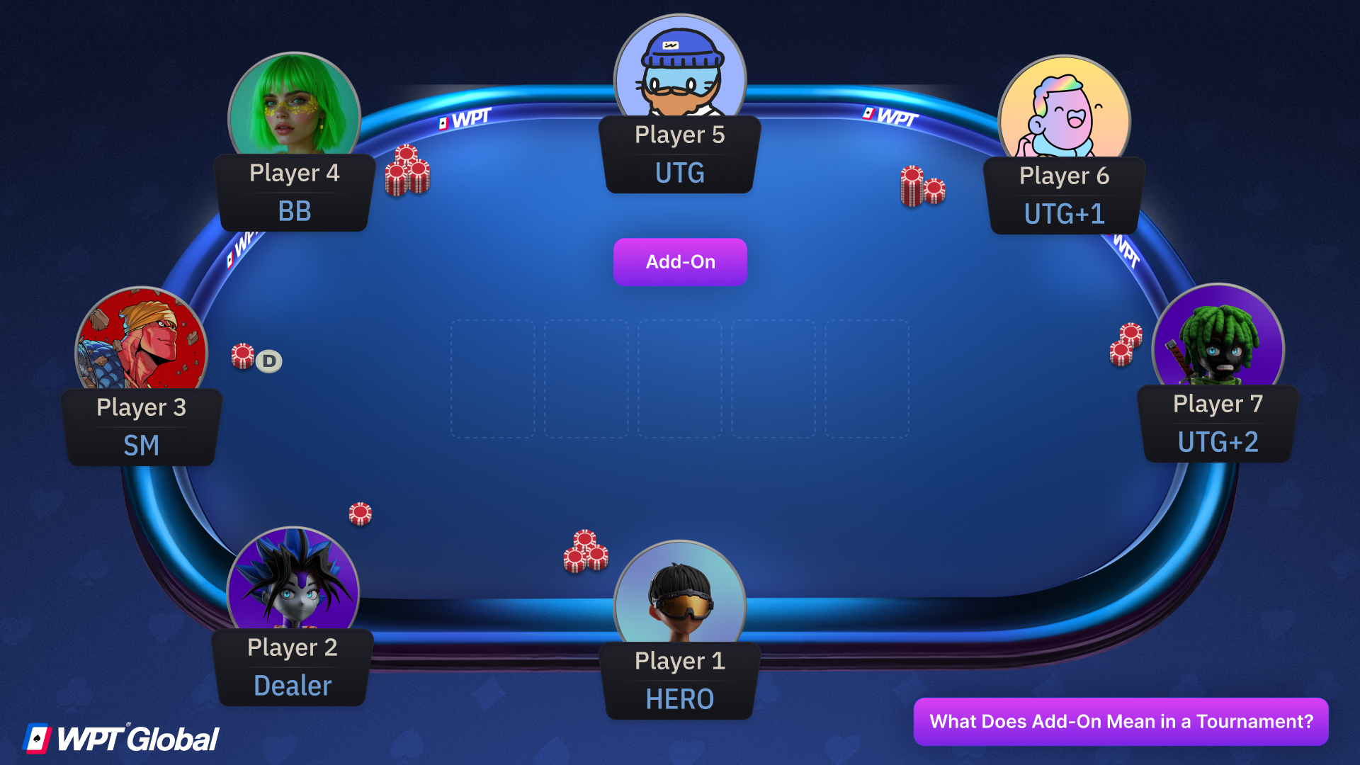 Poker players adding chips to their stacks during a tournament break as part of an add-on.