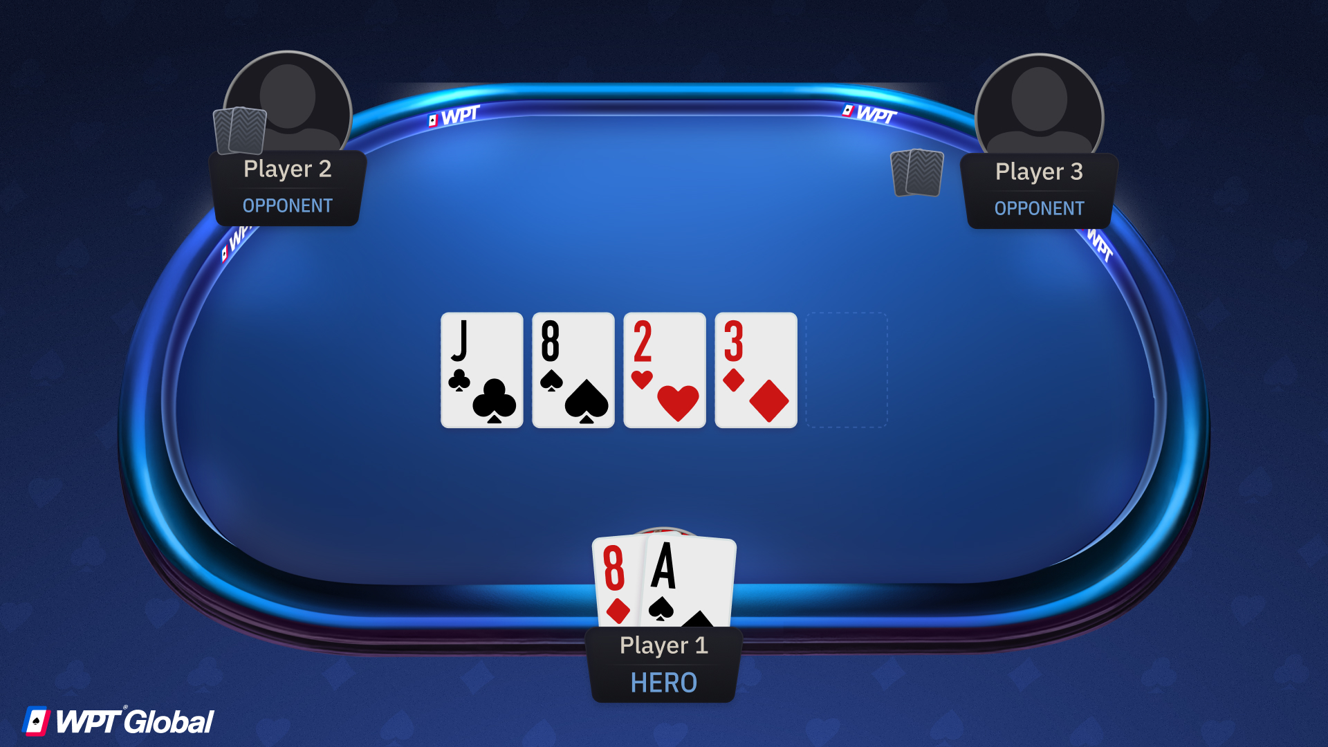 Poker table showing active players with cards still in play, while folded players have their cards pushed away.