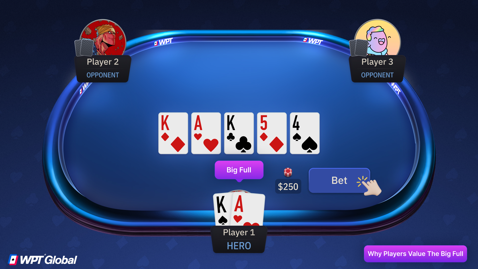 Poker chips in the pot after a player wins with the Big Full.