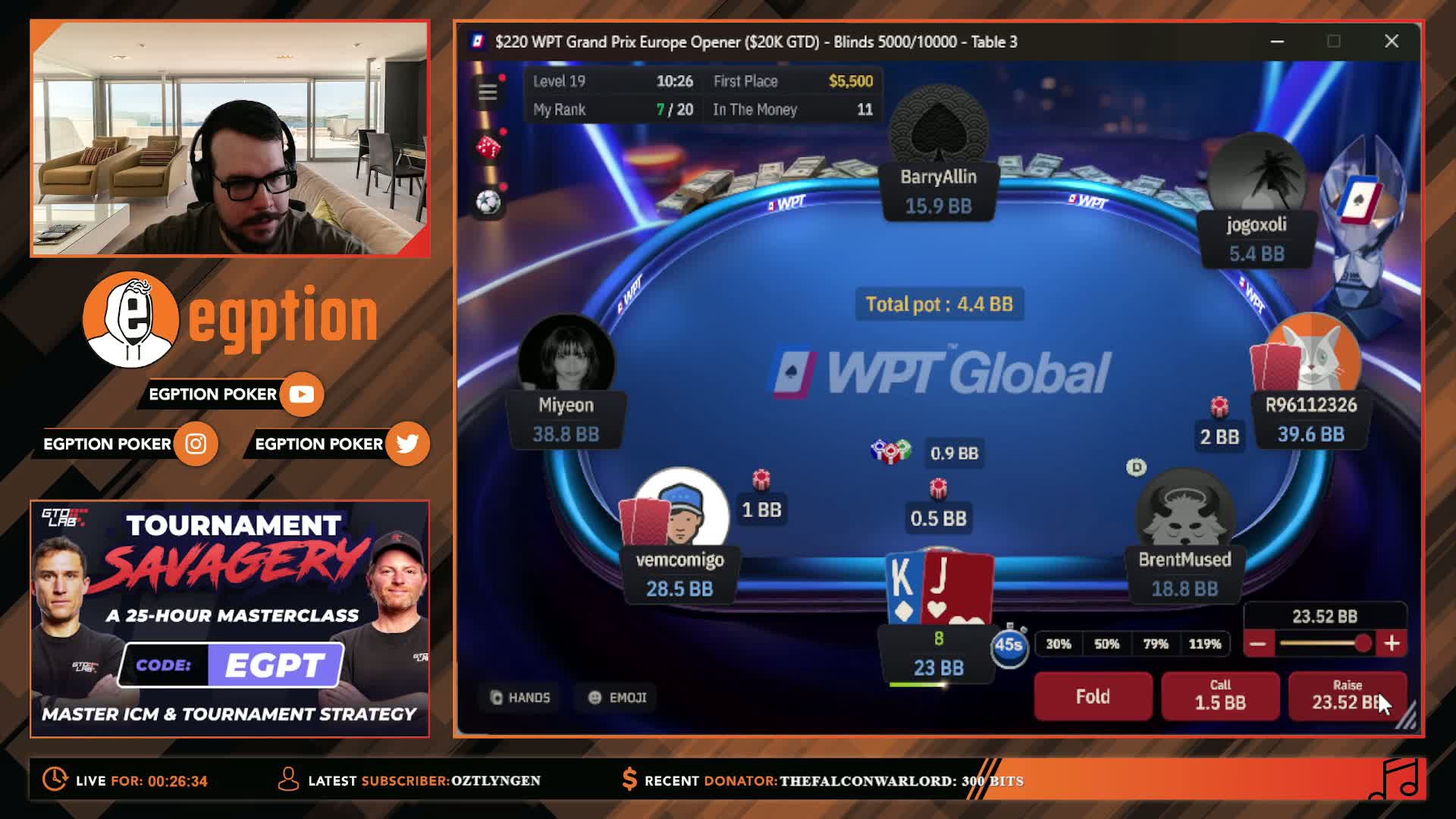 Egption Poker livestream overlay showing Patrick Tardif on webcam while playing a WPT® Global online tournament, with pocket king-jack visible on screen, table stack sizes, betting options, and stream branding around the layout.