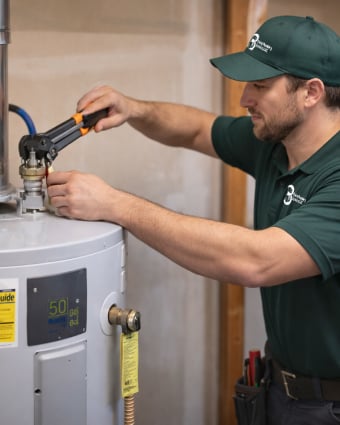 Plumber repairing residential water pipes under a kitchen sink with tools and gloves.