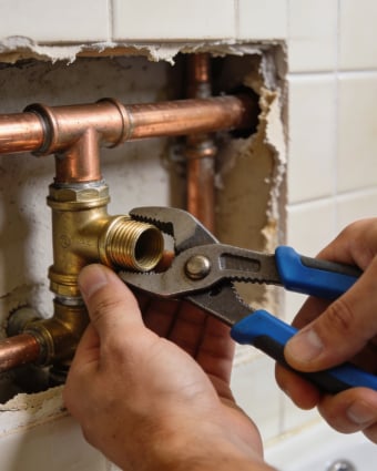 Professional plumber repairing pipes under a residential kitchen sink with tools and gloves.