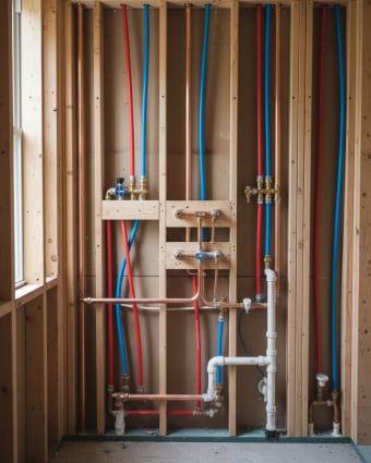 Plumber in uniform repairing pipes under a kitchen sink with tools and flashlight.