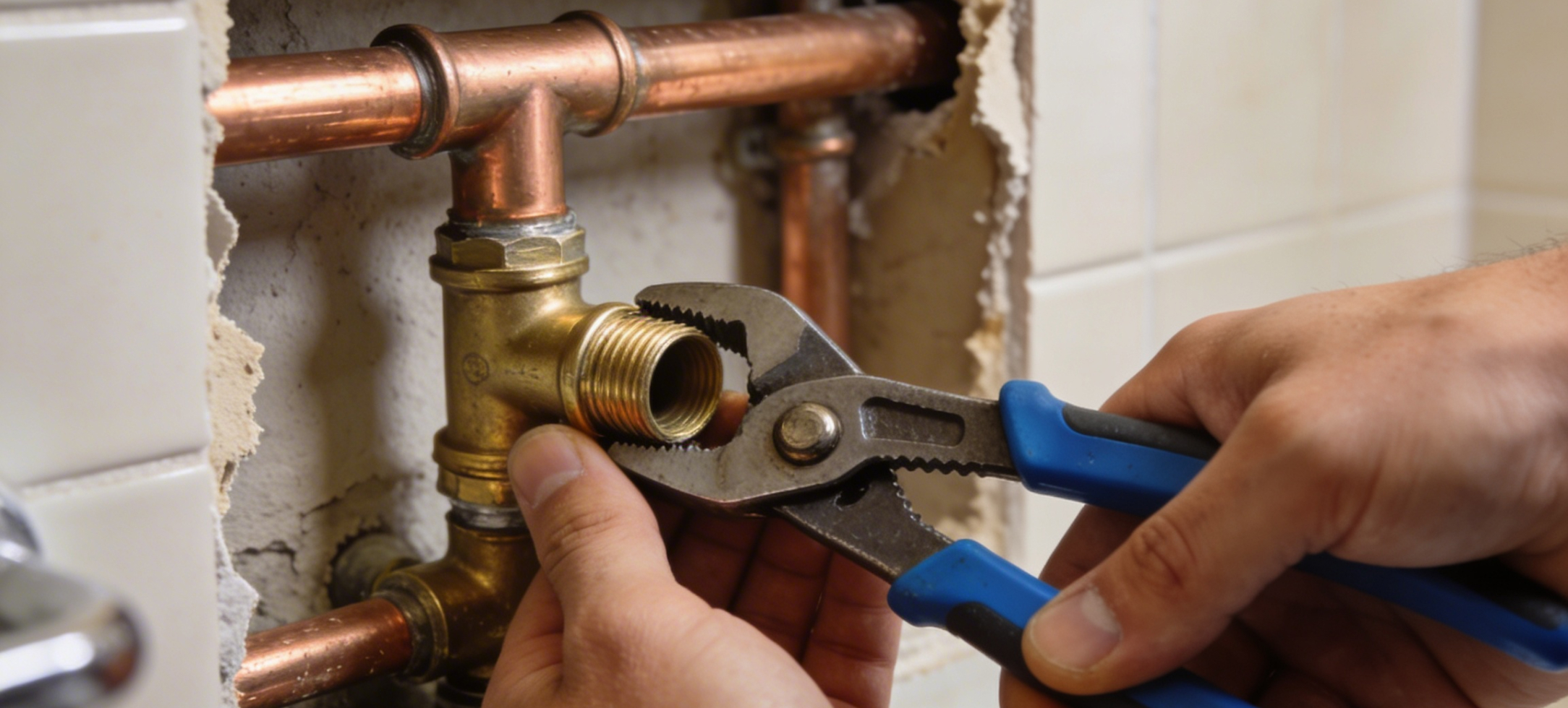 Plumber repairing pipes under a kitchen sink with tools and gloves.