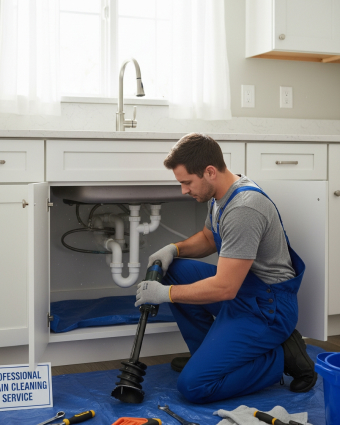 Plumber wearing gloves using a wrench to tighten a pipe under a kitchen sink.