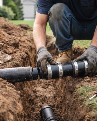 Plumber repairing pipes under a residential kitchen sink using professional tools.