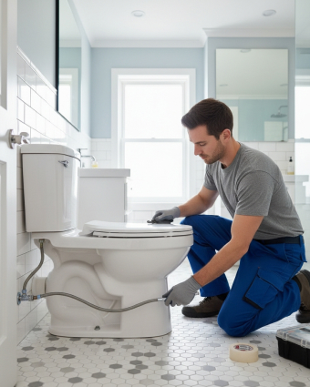 Plumber repairing pipes under a kitchen sink with tools and gloves.