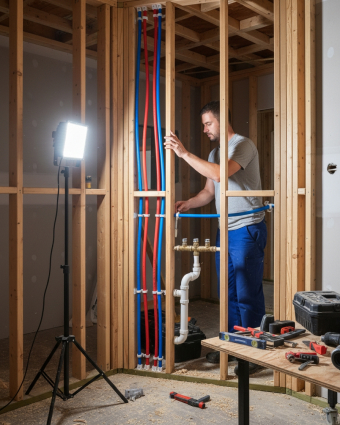 Plumber repairing pipes under a residential kitchen sink with tools and flashlight.