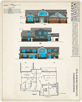 Architect reviewing blueprints at a desk with a scale model of a house and drafting tools.