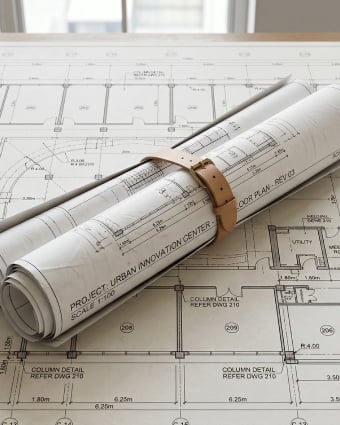 Architect reviewing blueprints at a desk with drafting tools in a modern office.