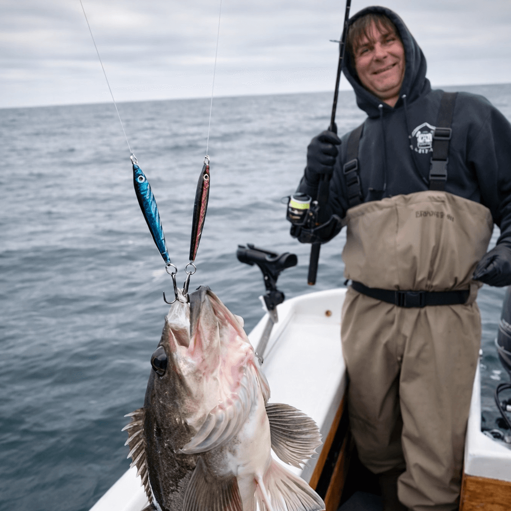 dory_fishing2 Angler holding a large salmon on a dory fishing boat.