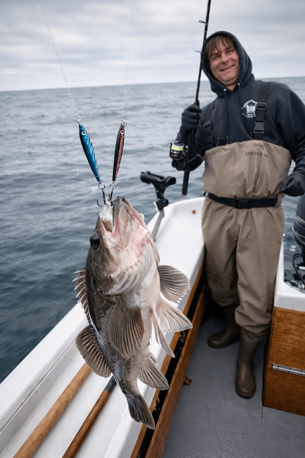 Angler holding a large salmon on a dory fishing boat.