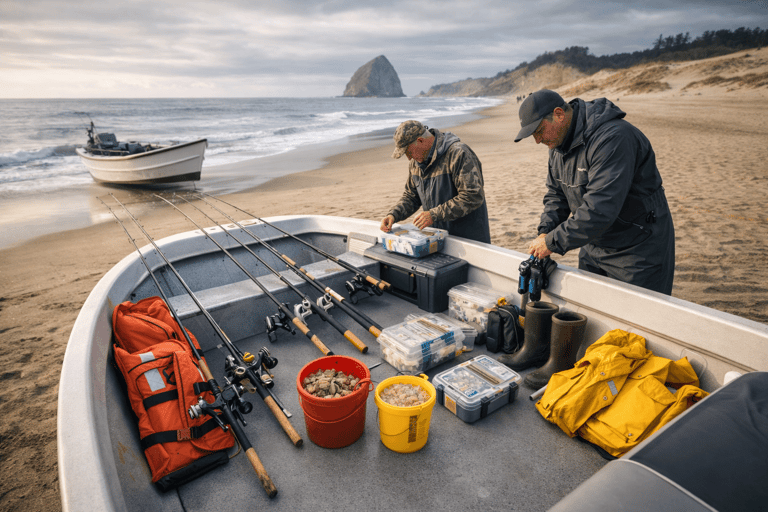Fishing gear and supplies prepared on a boat before a trip