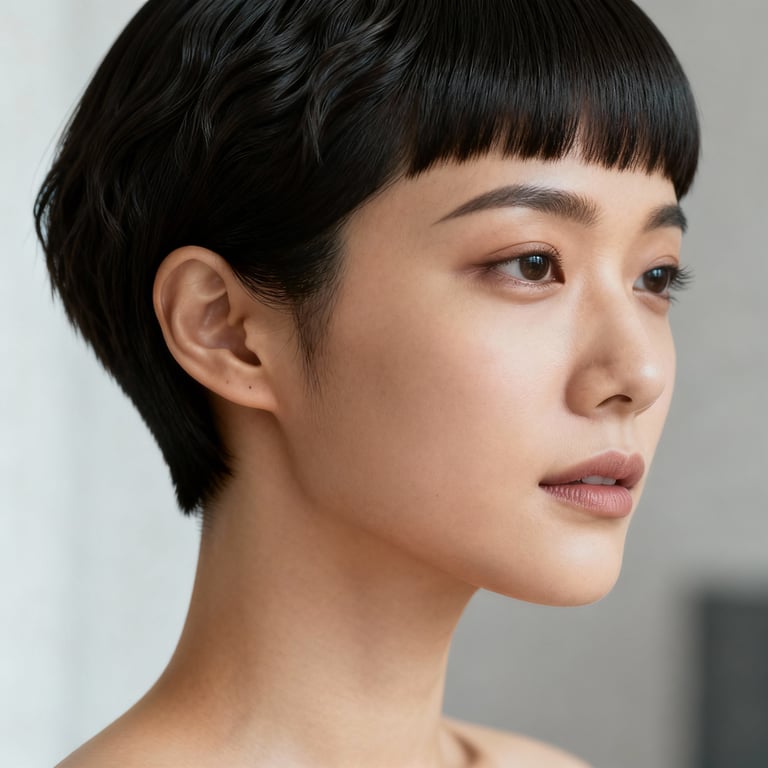 short caesar cut on straight hair, low version.