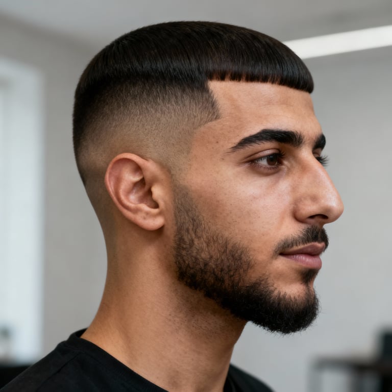 caesar cut on straight hair, low version.