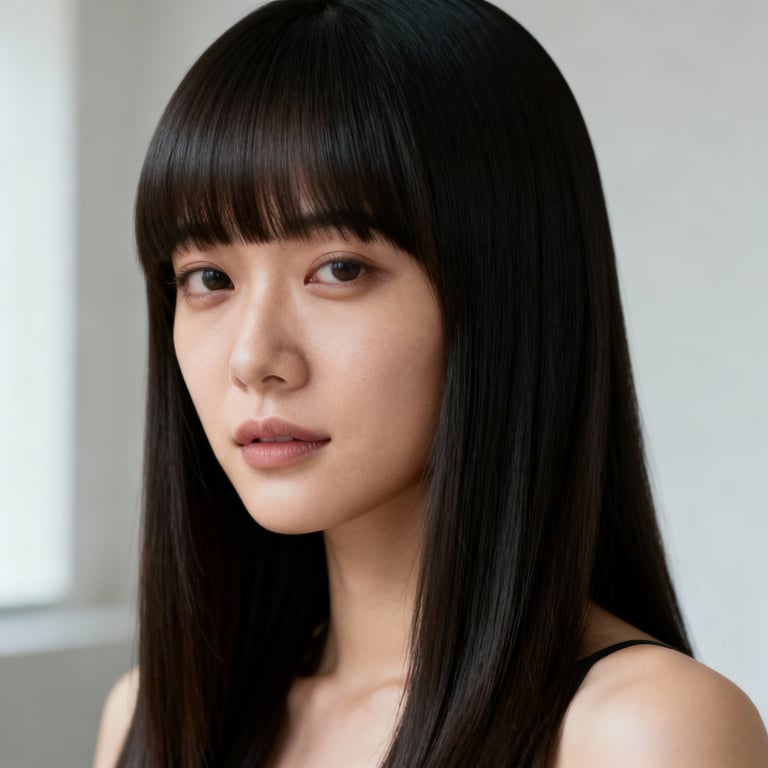 long curtain bangs on straight hair, low version.