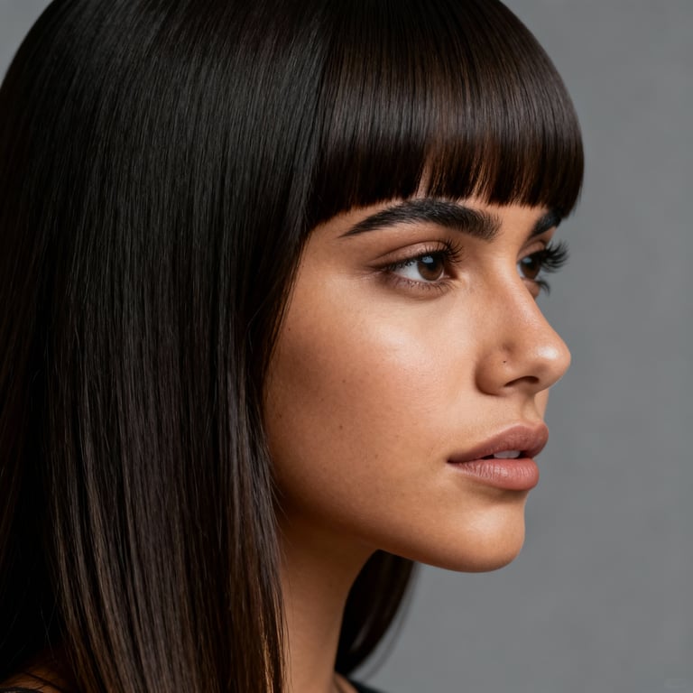 long curtain bangs on straight hair, low version.