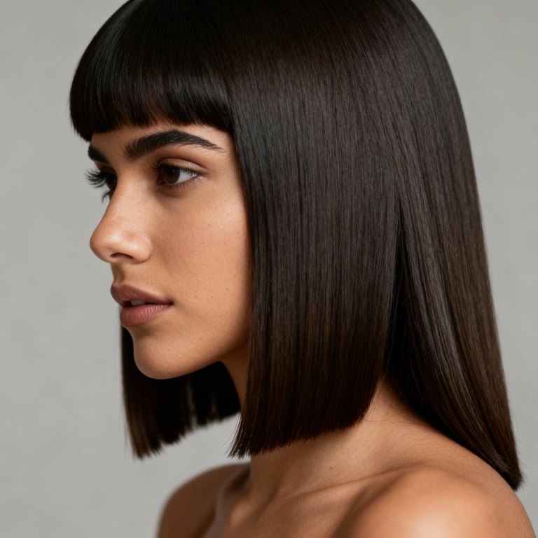 blunt cut long hair on straight hair, low version.