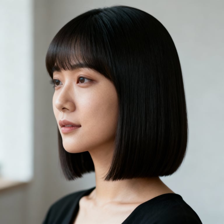 side part shoulder length blunt cut on straight hair, low version.