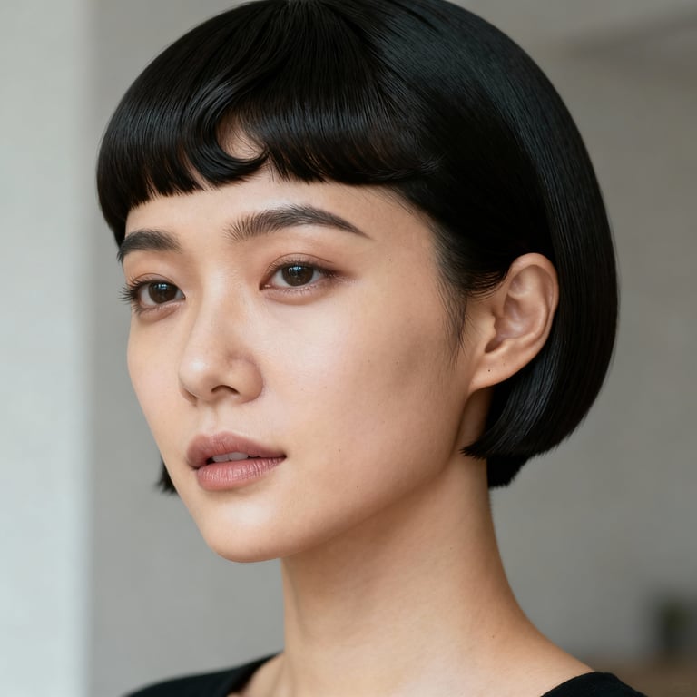 bowl hair cut on straight hair, low version.