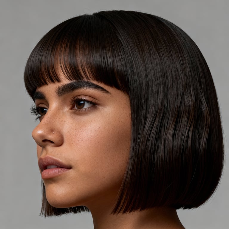 curtain bangs side part on straight hair, low version.
