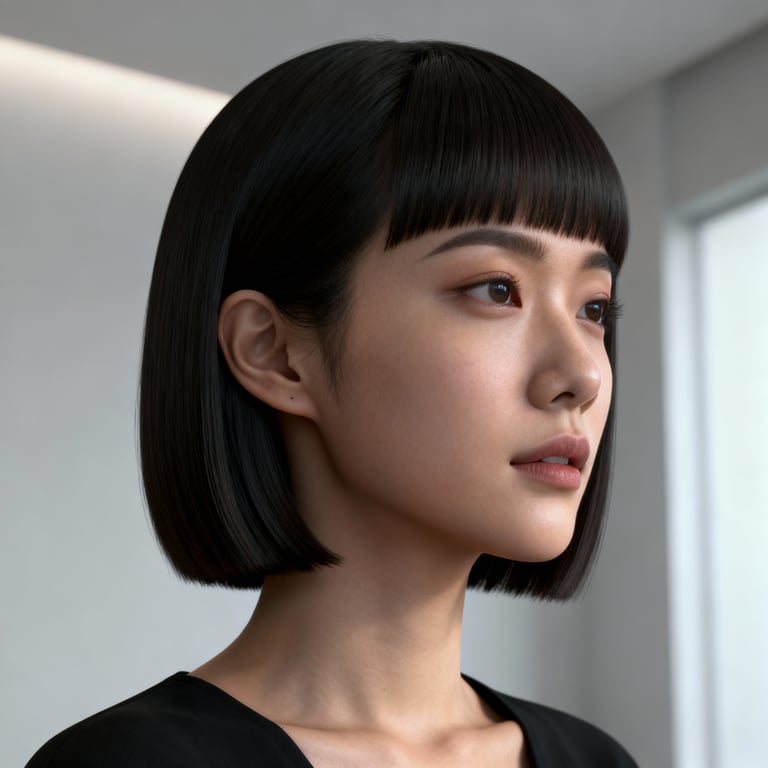 low cut caesar on straight hair, low version.