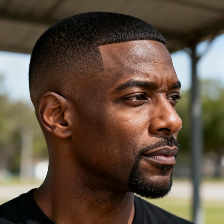 16 guard buzz cut on straight hair, low version.