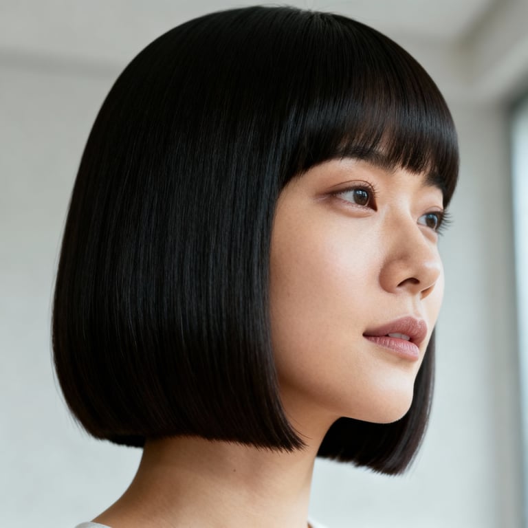 blunt bob cut on straight hair, low version.