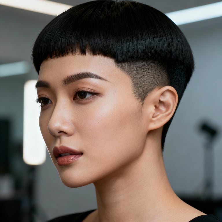 modern caesar cut on straight hair, low version.